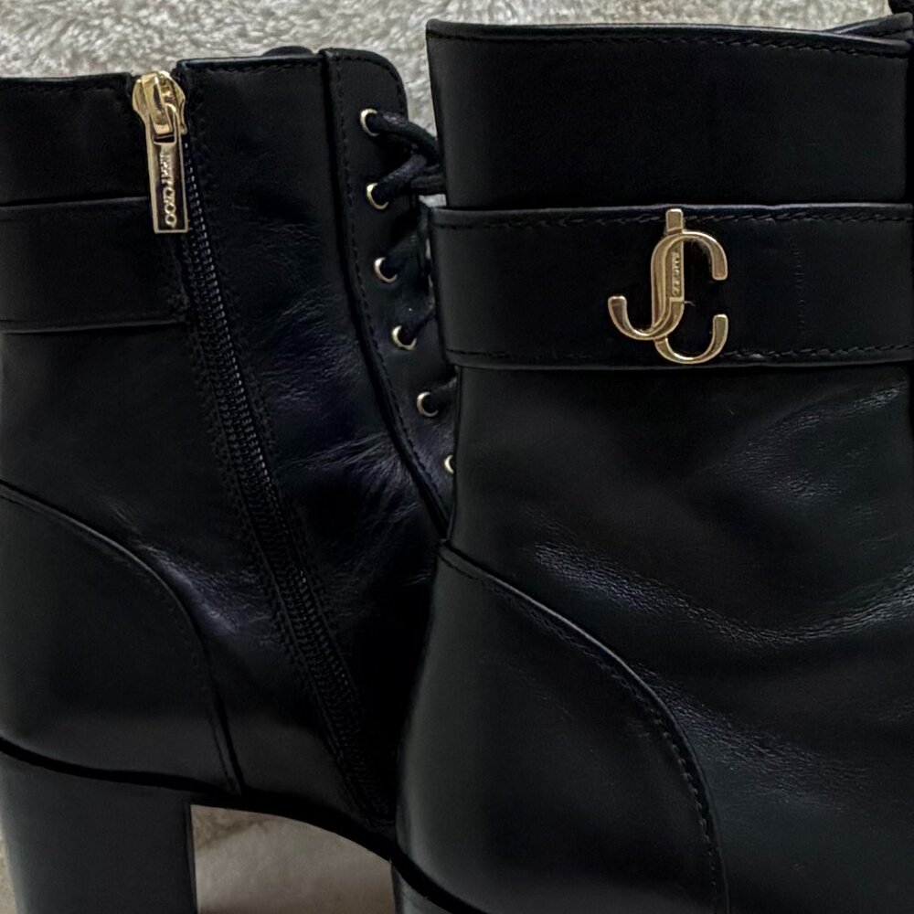 Gorgeous Black Leather Jimmy Choo Cayo Lace Up Boots 2 1/2" Heel Size US 8 - Picture 10 of 11